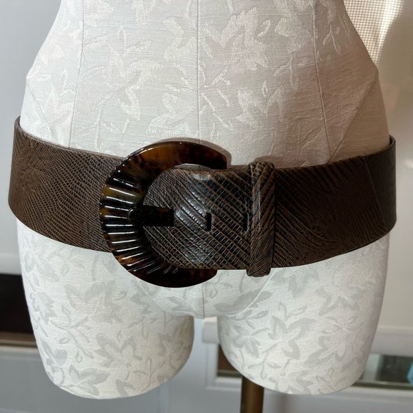 Vintage XL Suzi Roher Brown Embossed Leather Belt with  Faux Tortoise Buckle main image 7